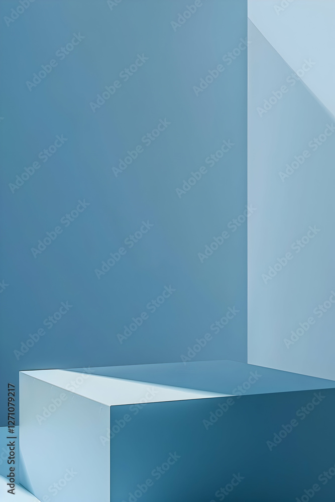 Poster abstract geometric composition featuring a blue cube and soft shadows in a minimalistic space