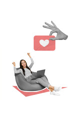Collage photo of young excited positive cute woman sitting relaxed beanbag chair coder programmer...