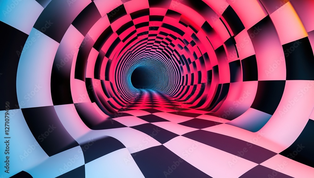 Poster abstract checkered tunnel: a psychedelic 3d vortex journey into infinite dimensions, exploring visua