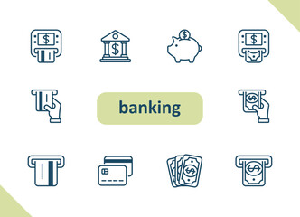 Banking icons. Online banking, money, finance, currency, investment, savings vector icon set