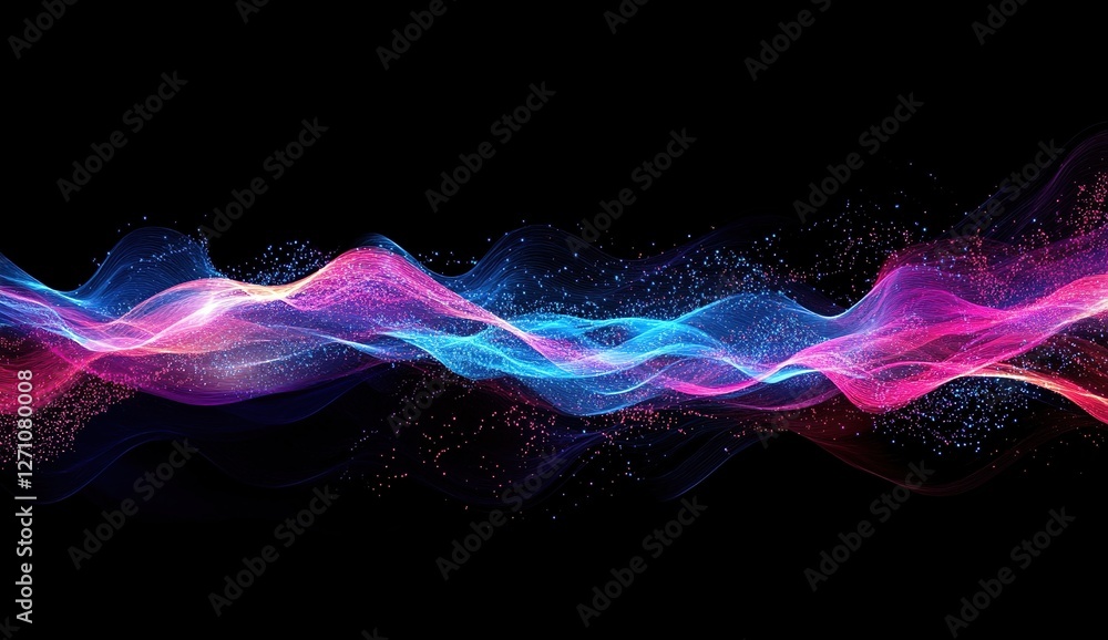 Poster abstract colorful waves flow dynamically across black background, showing vivid hues and glittering 