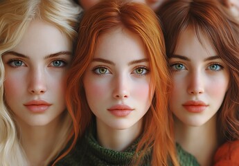 Three Women's Heads with Long Hair in Blonde and Red Shades