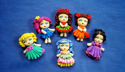 Beautiful clay doll, made of colorful modeling clay or plasticine. Beautiful girl doll with blue background.