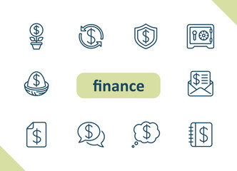 Finance icons. Money, cash, payment, savings, investing, business vector icon set