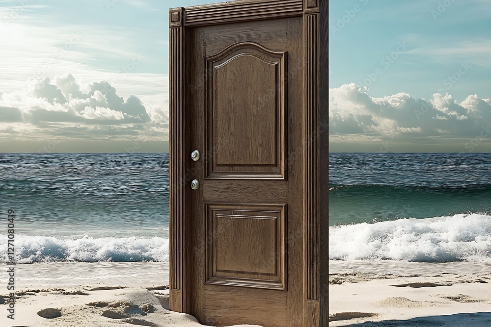 Poster artistic representation of a closed door on a sandy beach evoking thoughts of adventure and mystery 