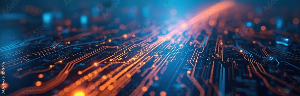 Poster cybersecurity abstract tech background with circuit board and glowing nodes. futuristic digital netw