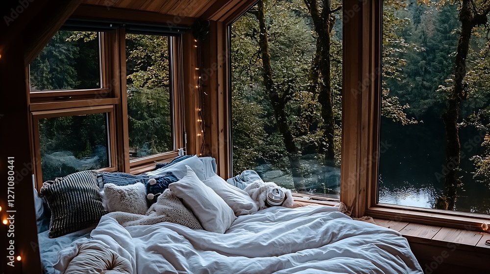 Poster Inviting Bedroom with Soft Textiles and Scenic Views of Trees and Water from the Windows : Generative AI