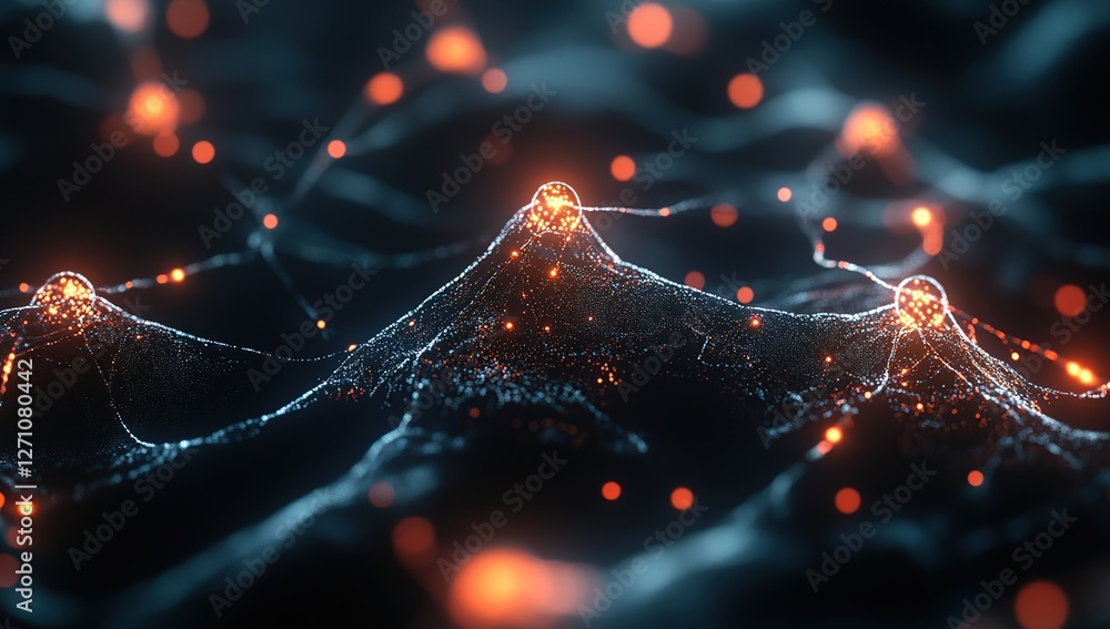 Poster abstract network: glowing nodes connect, forming intricate patterns across digital landscape, illumi