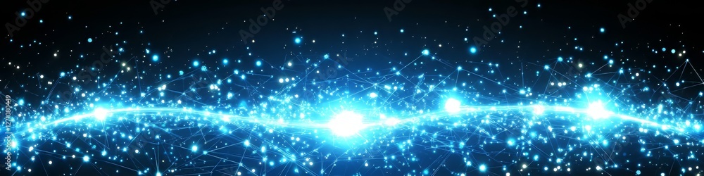 Poster shining abstract blue light wave with connecting dots and lines on a dark blue background