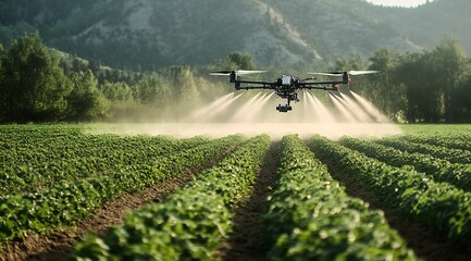 Advanced Drone Technology Applying Fertilizer Over Fresh Crops in Remote Farm Field : Generative AI