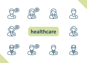 Healthcare people icons. Health care, staff, doctor, patient, nurse, pharmacist, dentist vector icon set