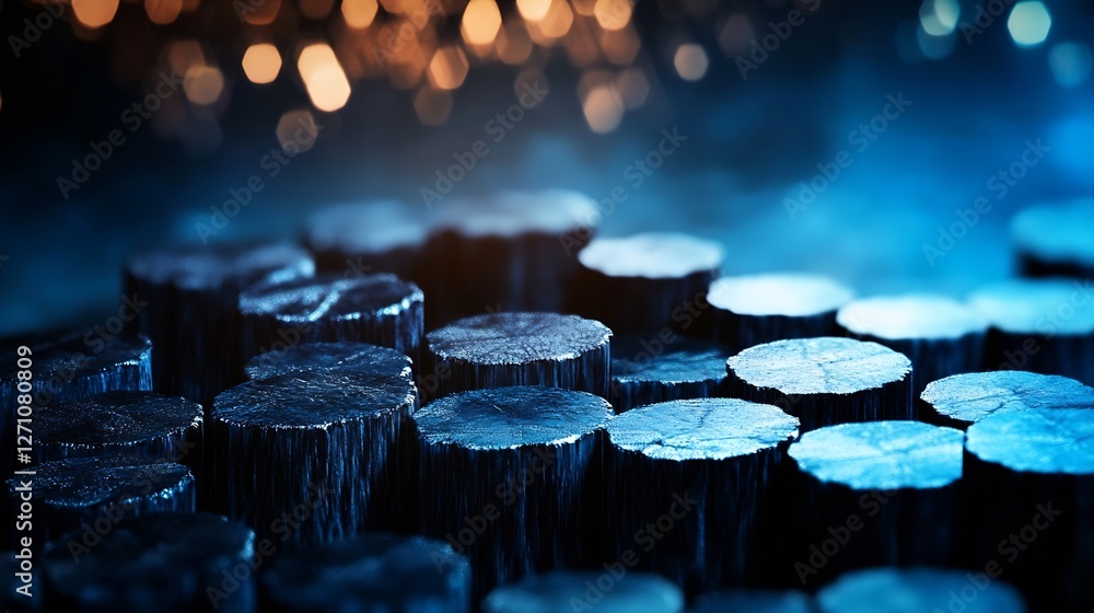 Leinwandbilder Artistic view of circular wooden logs with glowing bokeh lights in the background : Generative AI