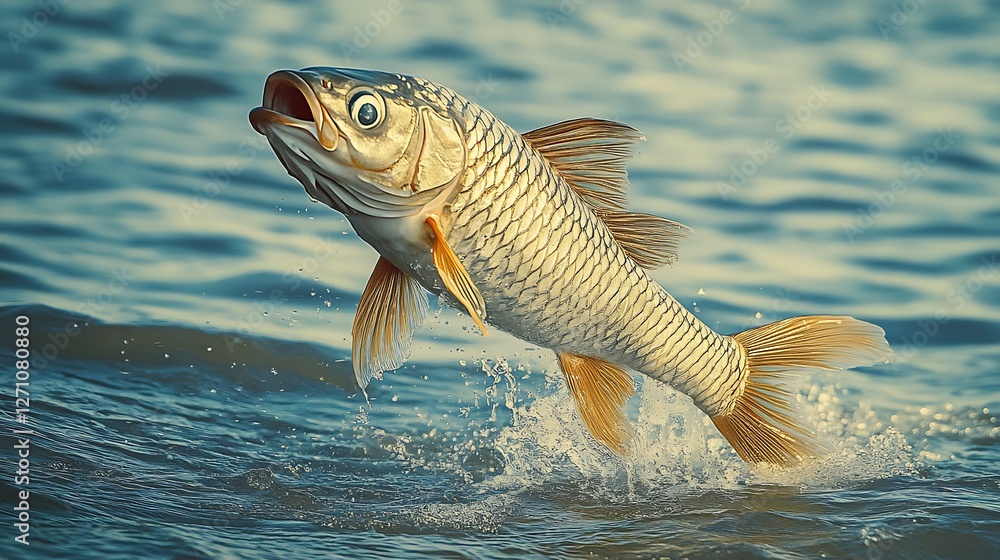 Aufkleber captivating moment of a fish leaping above calm waters with splashes : generative ai