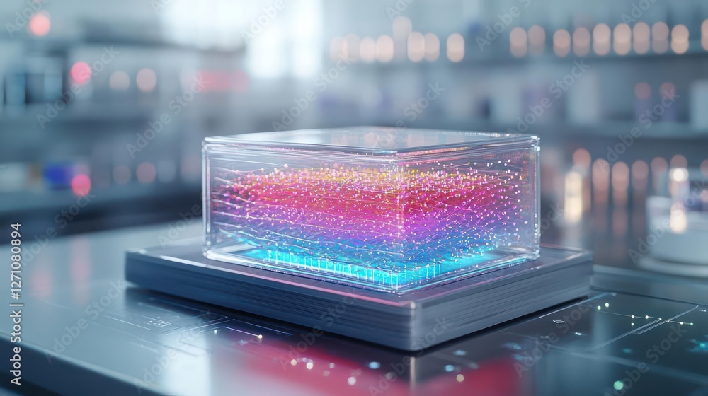 Poster colorful data visualization in glass cube on tech platform