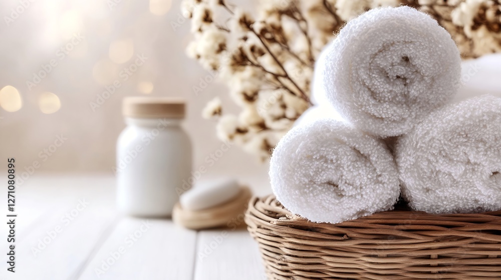 Poster elegant white towels arranged in a basket with a stylish jar and preserved flowers : generative ai