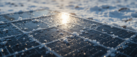 A single solar panel with a thin layer of ice glistening under direct sunlight, with reflections