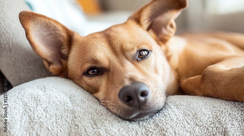 Poster a relaxed dog comfortably resting on a cozy couch with a calm expression and attentive eyes : genera