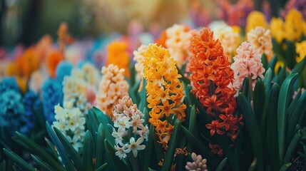 Vibrant Spring Blooming Hyacinths in a Colorful Flower Garden with Soft Sunlight