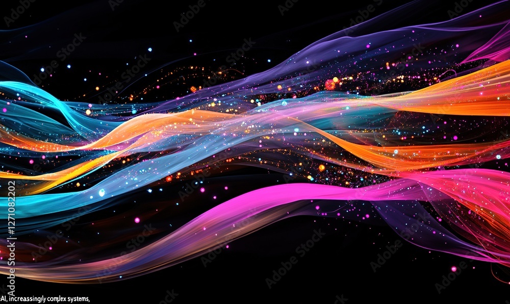Poster abstract colorful waves flowing dynamically across dark background with sparkling lights: a visual s
