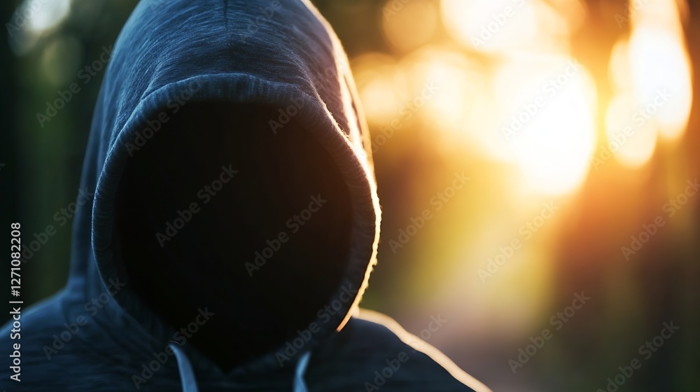 Poster mysterious figure in a hoodie standing against a glowing sunset in the background with a blurred nat