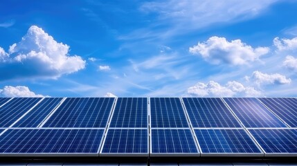 Solar panels generate clean energy under a blue sky with fluffy clouds