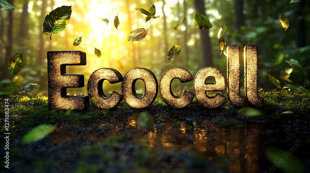 Poster ecocell text created with natural materials surrounded by leaves in a sunlit forest : generative ai