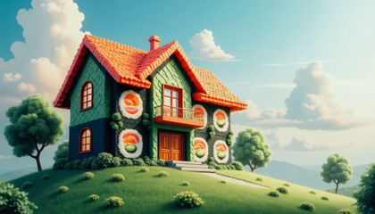A fantasy house built from carrots, broccoli, and other vegetables, surrounded by cherry blossom trees.