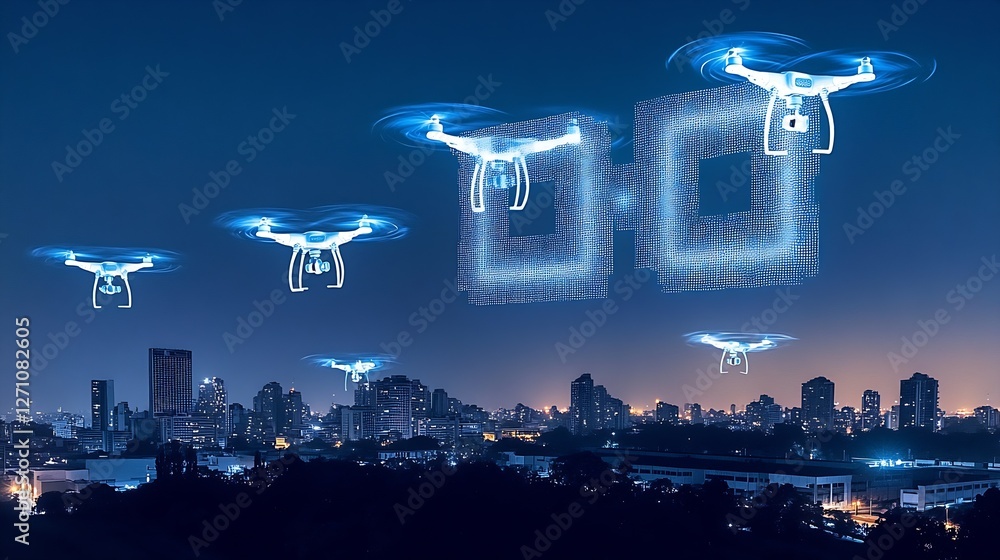 Aufkleber Drones Flying Over Cityscape at Night with Digital Elements Creating a Unique Visual Experience : Generative AI