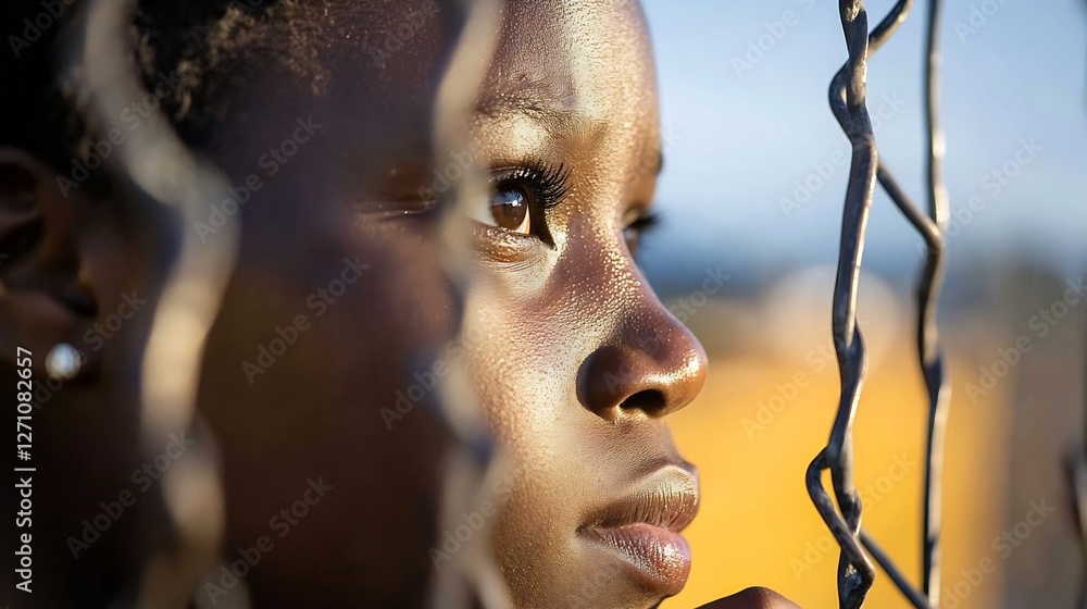 Poster closeup of a young child's expressive face gazing through a chain link fence with a hopeful curiosit