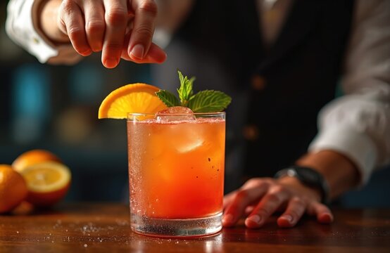 Bartender prepares vibrant rum punch cocktail at bar. Person mixing refreshing alcohol drink with ice, orange slice, mint garnish. Sweet mixed beverage preparation at counter, nightlife scene.