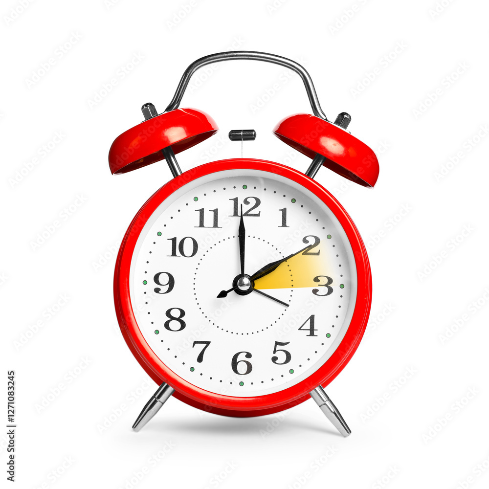 Poster Daylight saving time. Red alarm clock on white background. Highlighted area showing time change by one hour forward