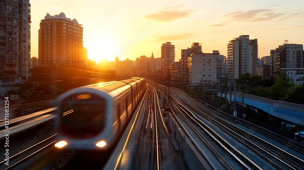 Aufkleber dynamic image of a speeding train in urban setting during a stunning sunset with silhouetted citysca