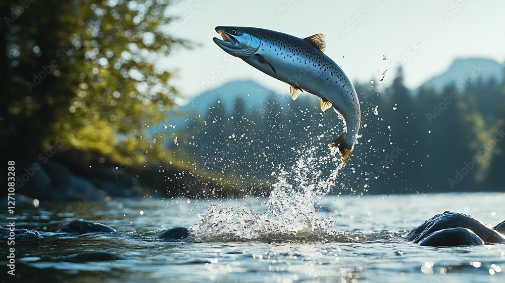 Poster majestic trout fish jumping from a sparkling stream in a lush forest landscape : generative ai