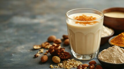 Ayurvedic milk shake with ginger, cinnamon and fennel seeds topped with a sprinkle of spices.