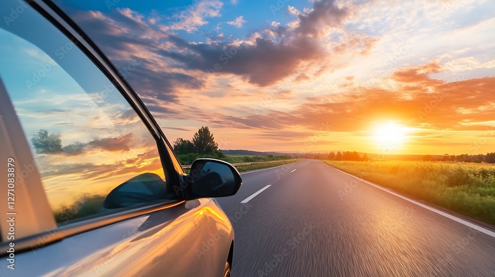 Poster scenic view from a car window showcasing a beautiful sunset over an open road : generative ai