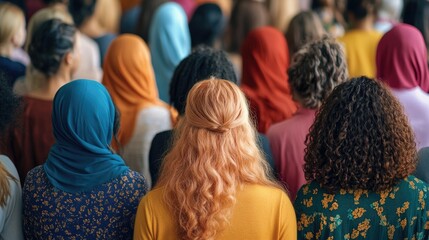 A diverse group of women from various cultural backgrounds gather together in unity, creating an inclusive community for peace and human rights.