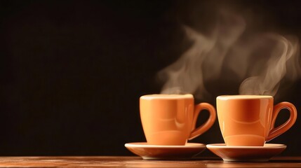 Two Orange Coffee Cups Steaming on Dark Wooden Table