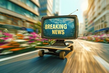 A vintage television displaying 'Breaking News' rolls down a vibrant street on a skateboard, blending nostalgia with modernity. Breaking News on the Road