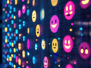 Digital expression, A vibrant grid of neon emoji conveying modern moods