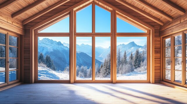Mountain View Cabin Interior - Breathtaking view of snow-capped mountains from inside a cozy wooden cabin. Sunlight streams through large windows