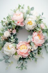Cream and pink flower wreath against white backdrop