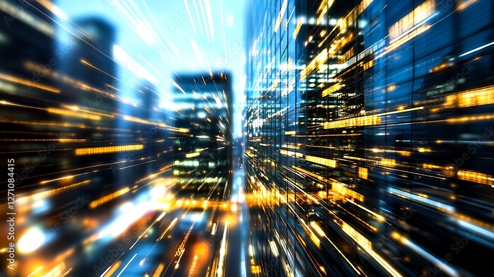 Leinwandbilder dynamic motion blur effect showcasing illuminated skyscrapers in a bustling urban environment : gene