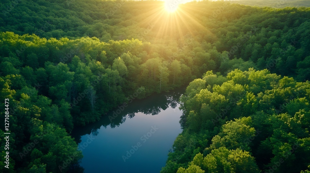 Poster a breathtaking aerial view of a sunlit forest with lush greenery and a pond reflecting the dazzling 