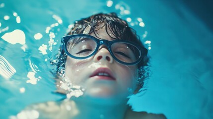 Naklejka premium Myopia prevention with a child wearing glasses swimming in a pool. Sports, wellness, and eye health