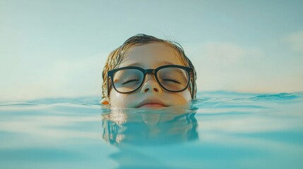 Naklejka premium Myopia prevention with a child wearing glasses swimming in an outdoor pool. Sports, fitness, and eye health