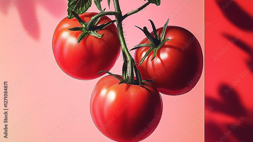 Aufkleber fresh ripe red tomatoes on a vine against a soft pastel background for culinary use : generative ai