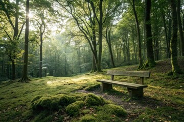 Wooden bench in peaceful forest. Tranquil nature retreat