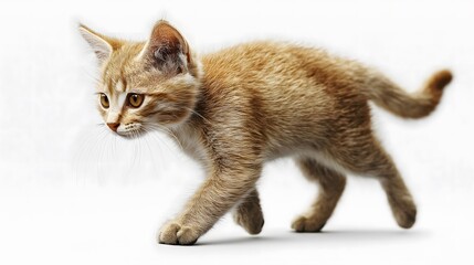 Adorable brown tabby kitten walking with curious expression against isolated white background, domestic cat baby animal photography, cute pet portrait study
