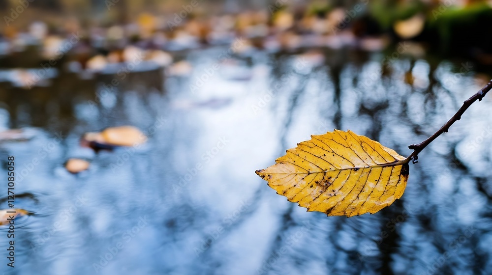Aufkleber closeup of a vivid yellow leaf floating on the water's surface amidst autumn reflections : generativ