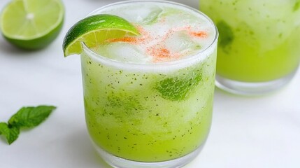 Refreshing Green Drink with Lime and Mint on a White Background